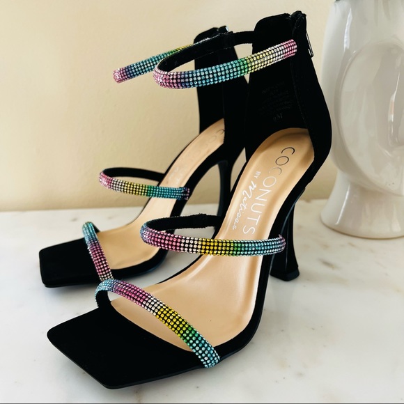 Coconuts by Matisse High Flared Heel Square Tow Rhinestone Strap Sandals Pumps - Picture 3 of 7